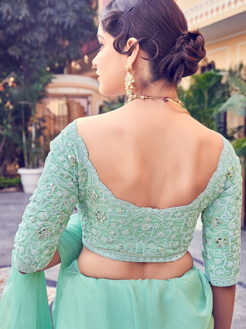 Sea Green Organza Solid Saree With Blouse Piece Clothsvilla