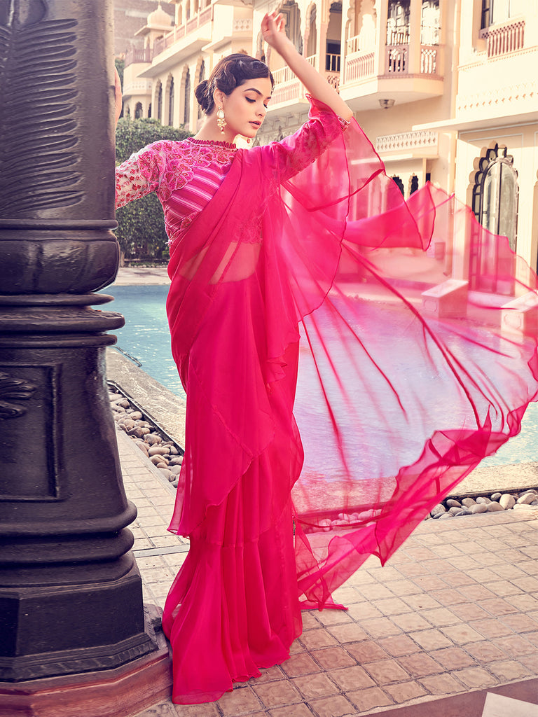 Pink Organza Solid Saree With Blouse Piece Clothsvilla