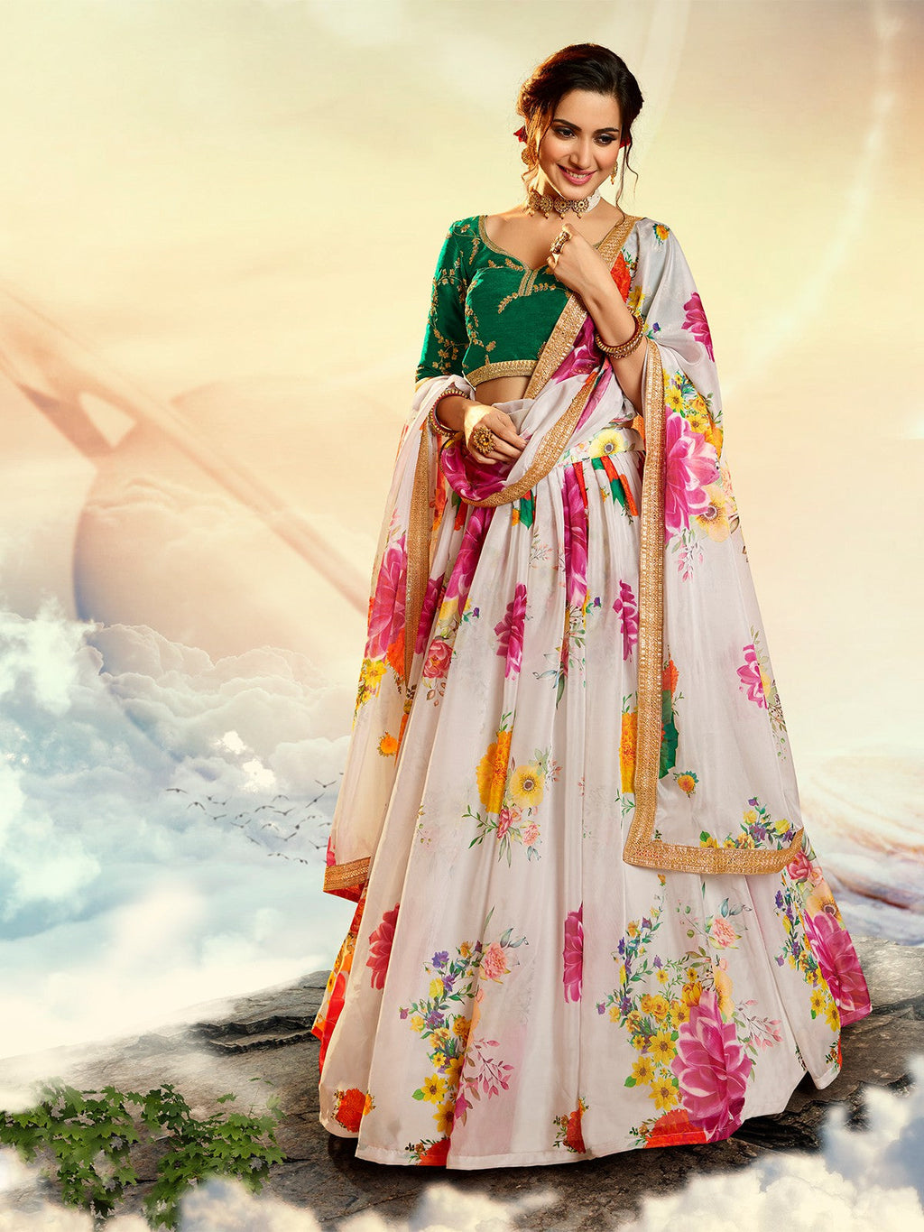 Designer White Semi Stitched Lehenga With  Unstitched Blouse Clothsvilla