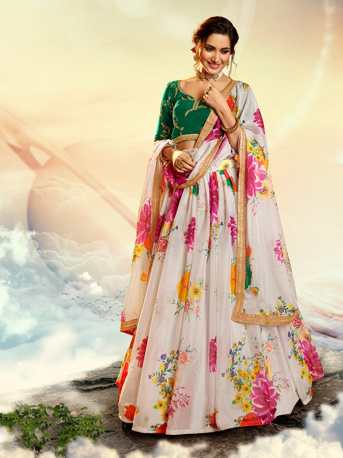 Designer White Semi Stitched Lehenga With  Unstitched Blouse Clothsvilla