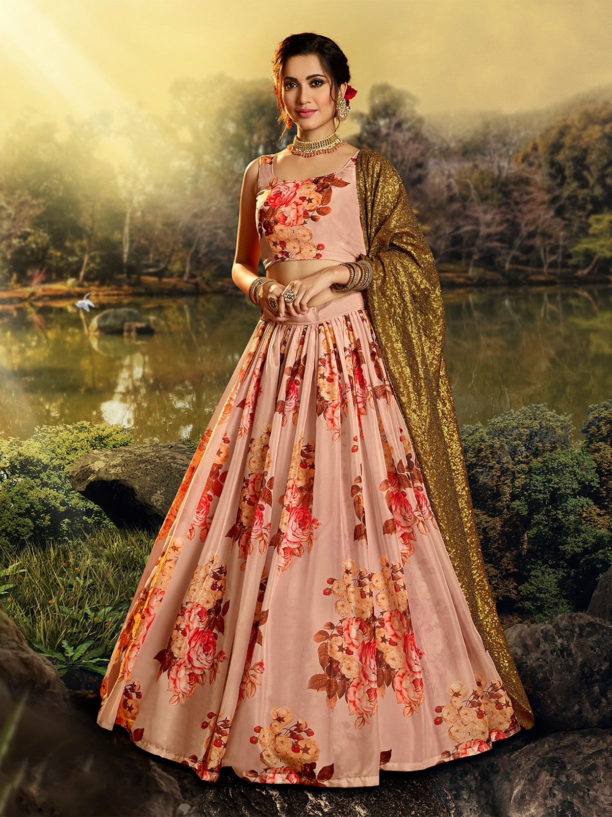 Beautiful Peach Semi Stitched Lehenga With  Unstitched Blouse Clothsvilla