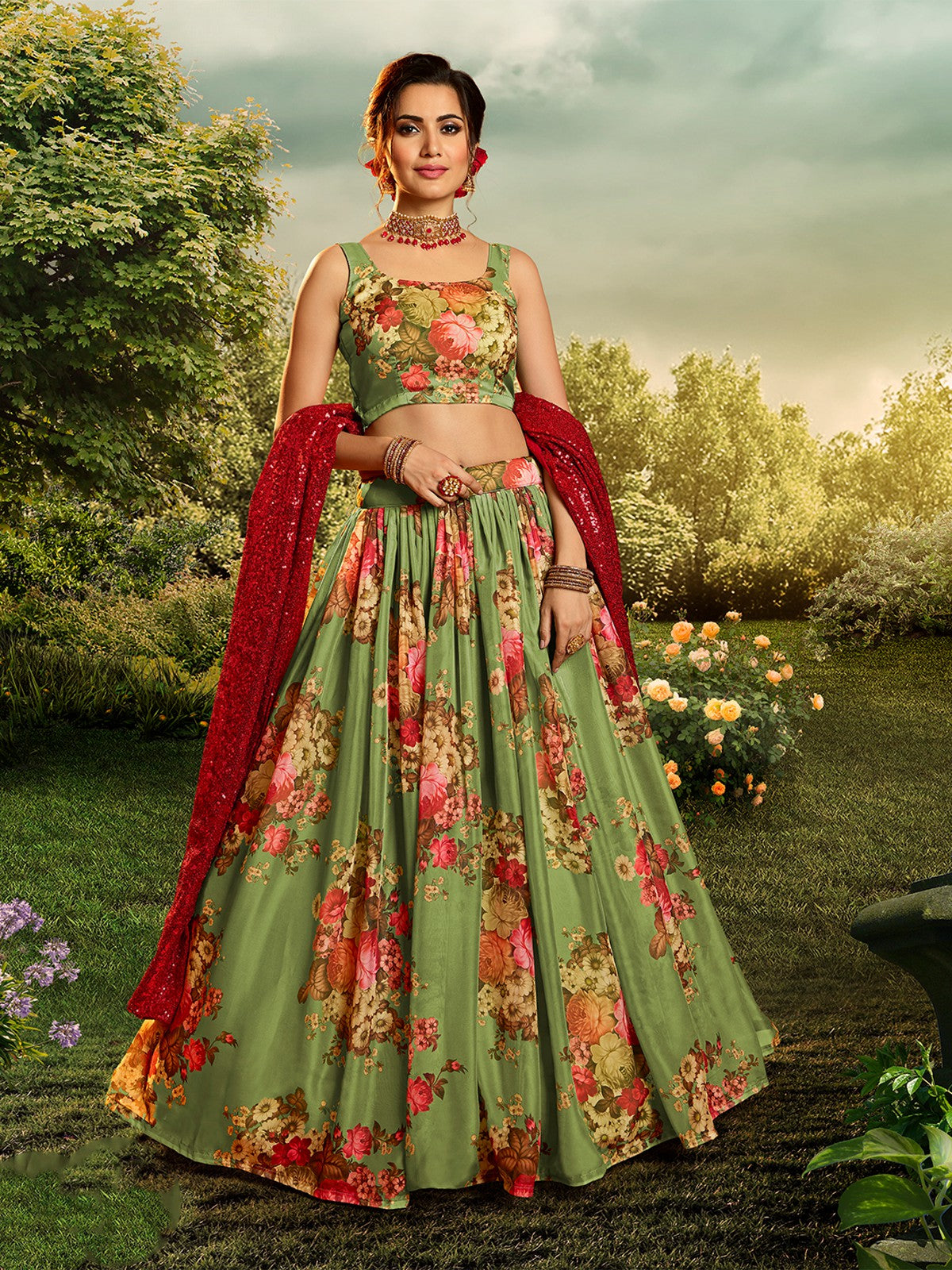 Green Elegant Semi Stitched Lehenga With  Unstitched Blouse Clothsvilla