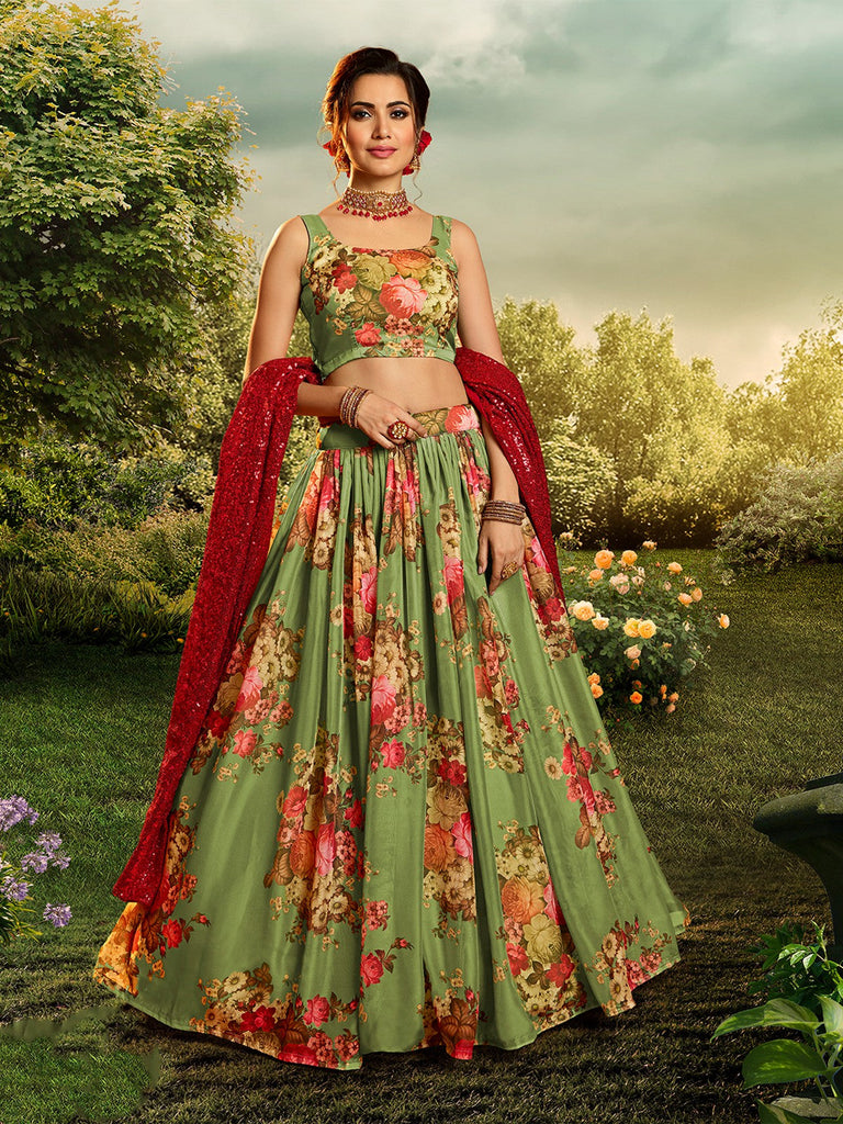Brown Organza Floral Print and sequinse work Semi-Stitched Lehenga choli &  Dupatta - Panchhi Fashion - 4188029