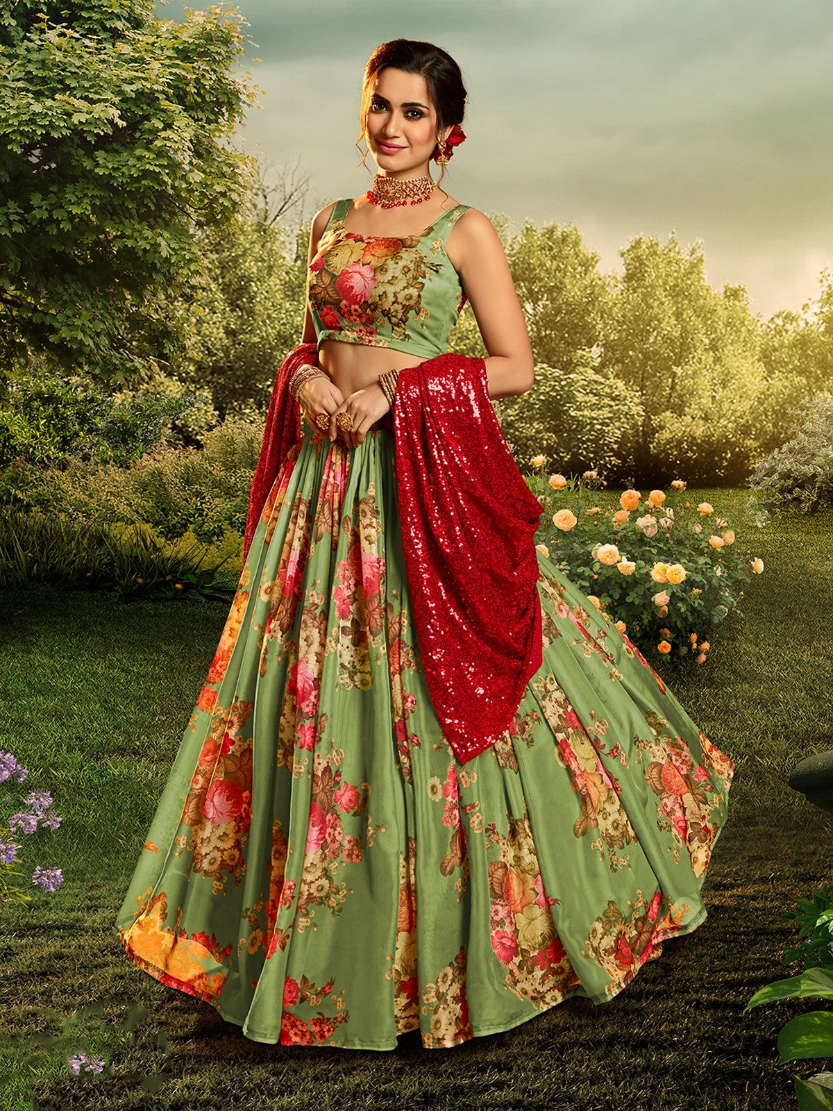 Green Elegant Semi Stitched Lehenga With Unstitched Blouse Secondary image