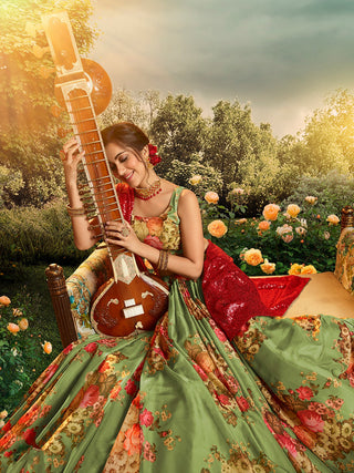 Green Elegant Semi Stitched Lehenga With  Unstitched Blouse Clothsvilla