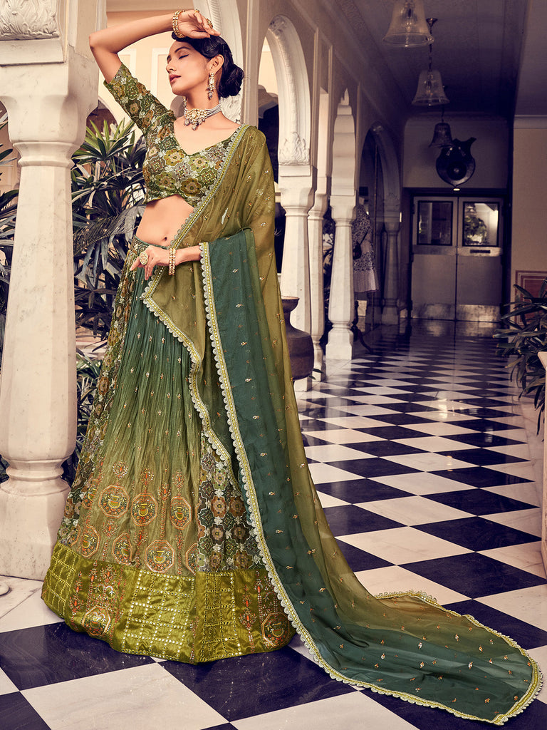 Stunning Olive Green Silk Semi Stitched Lehenga Choli Set Clothsvilla