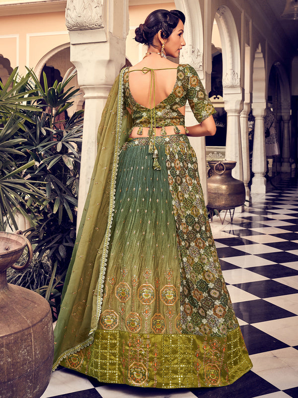 Stunning Olive Green Silk Semi Stitched Lehenga Choli Set Clothsvilla