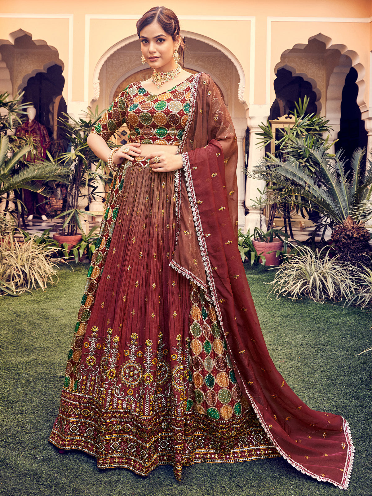 Designer Maroon Silk Semi Stitched Lehenga Choli Set Clothsvilla Main image