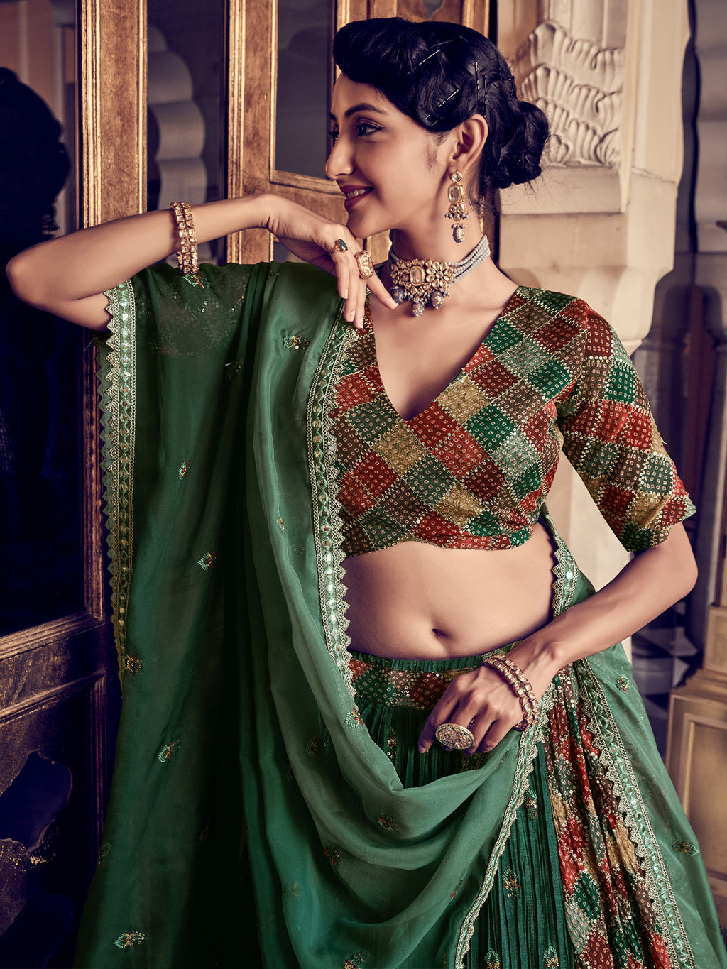 Classic Dark Green Silk Stitched Lehenga Set Clothsvilla