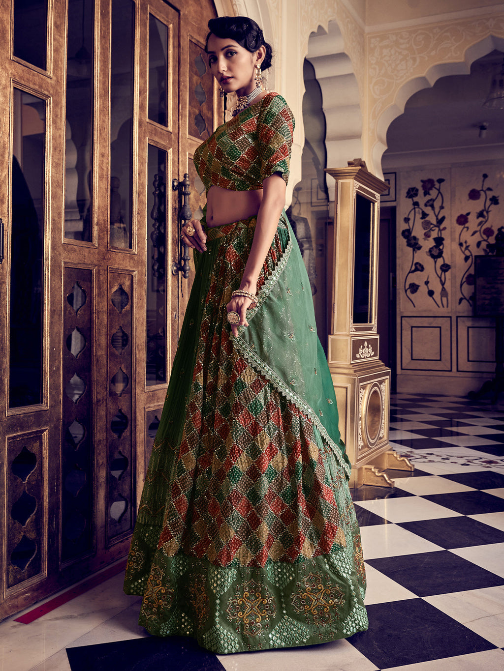 Classic Dark Green Silk Stitched Lehenga Set Clothsvilla