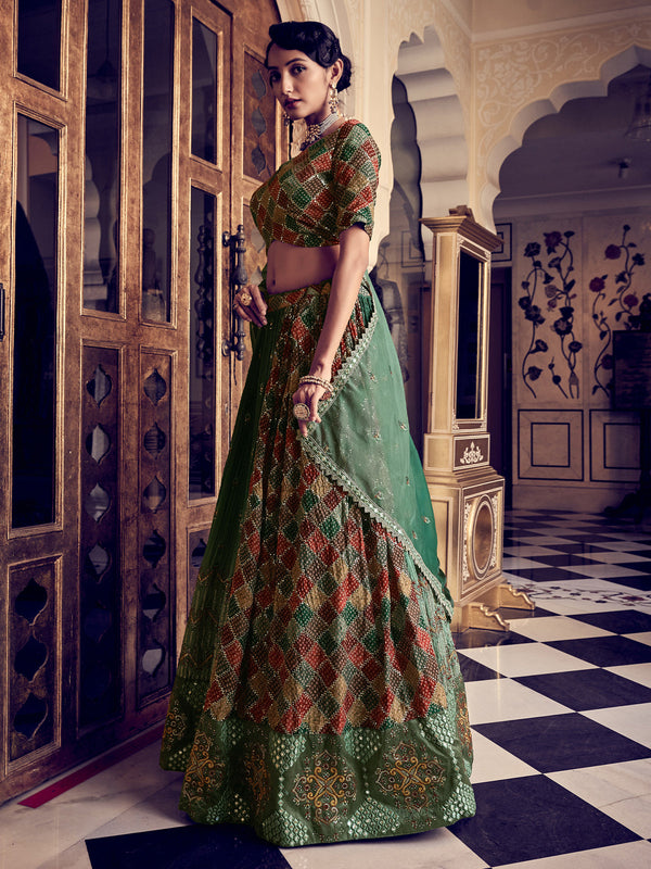 Classic Dark Green Silk Stitched Lehenga Set Clothsvilla