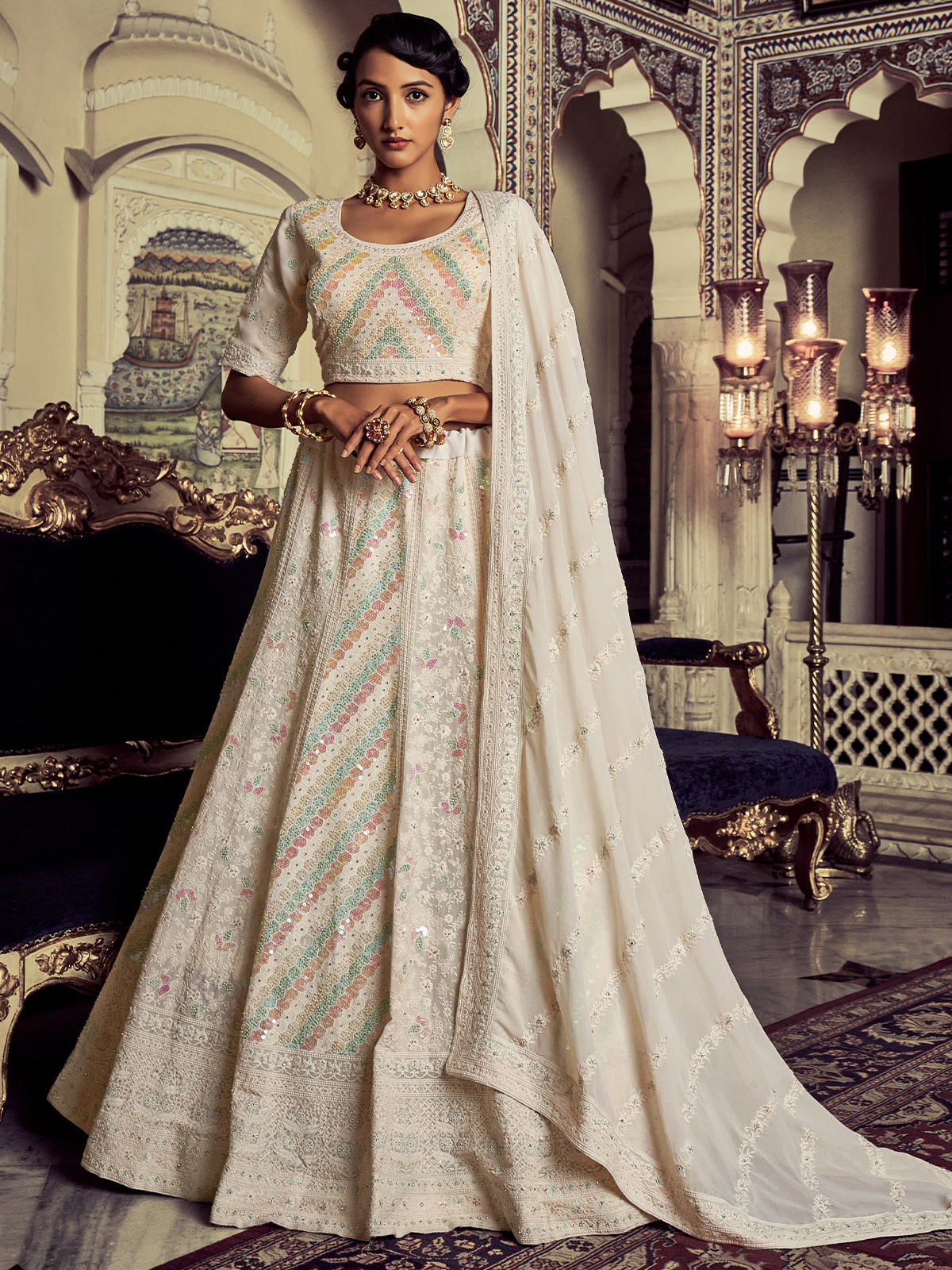 Beautiful Apricot Georgette Embroidered Semi Stitched Lehenga With Unstitched Blouse Clothsvilla