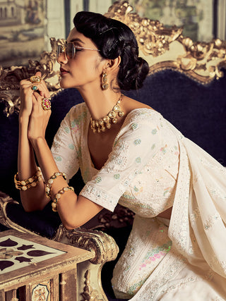 Beautiful Apricot Georgette Embroidered Semi Stitched Lehenga With Unstitched Blouse Clothsvilla