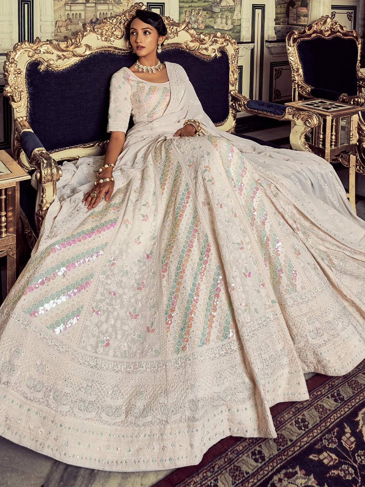 Beautiful Apricot Georgette Embroidered Semi Stitched Lehenga With Unstitched Blouse Clothsvilla