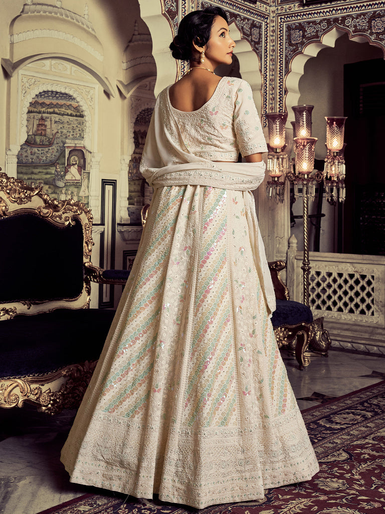 Beautiful Apricot Georgette Embroidered Semi Stitched Lehenga With Unstitched Blouse Clothsvilla