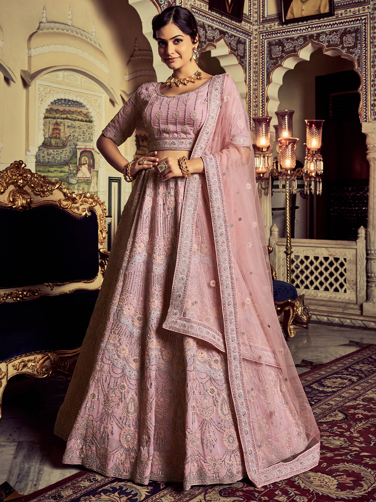 Designer Pink Georgette Embroidered Semi Stitched Lehenga With Unstitched Blouse Clothsvilla Main image