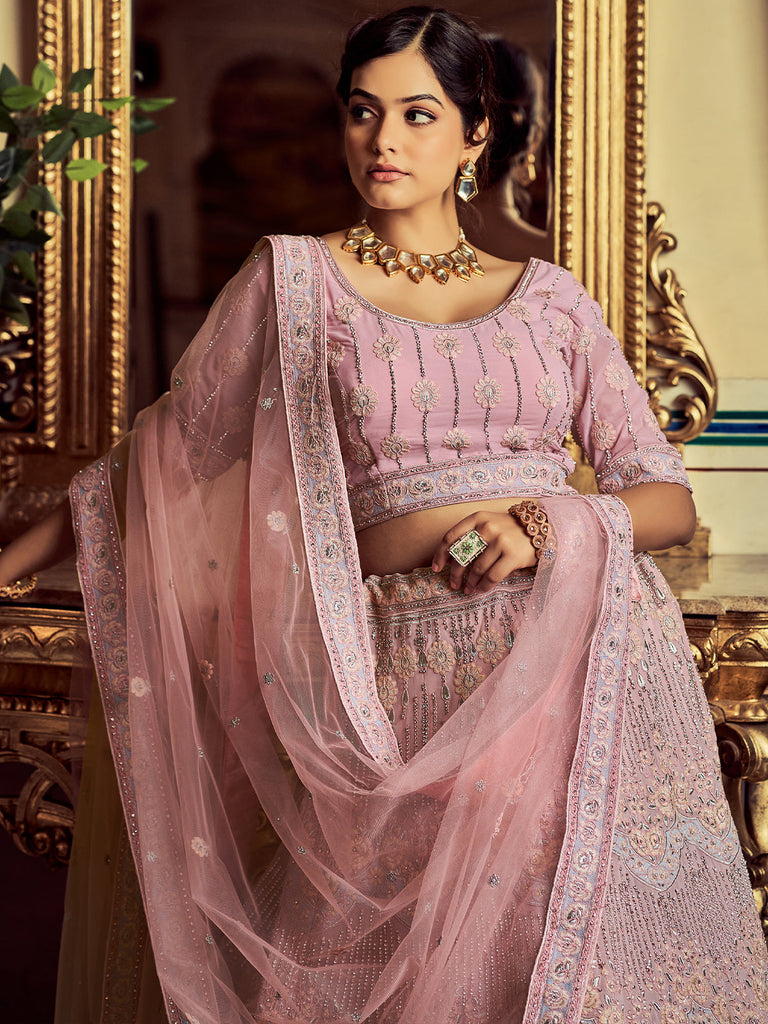 Designer Pink Georgette Embroidered Semi Stitched Lehenga With Unstitched Blouse Clothsvilla