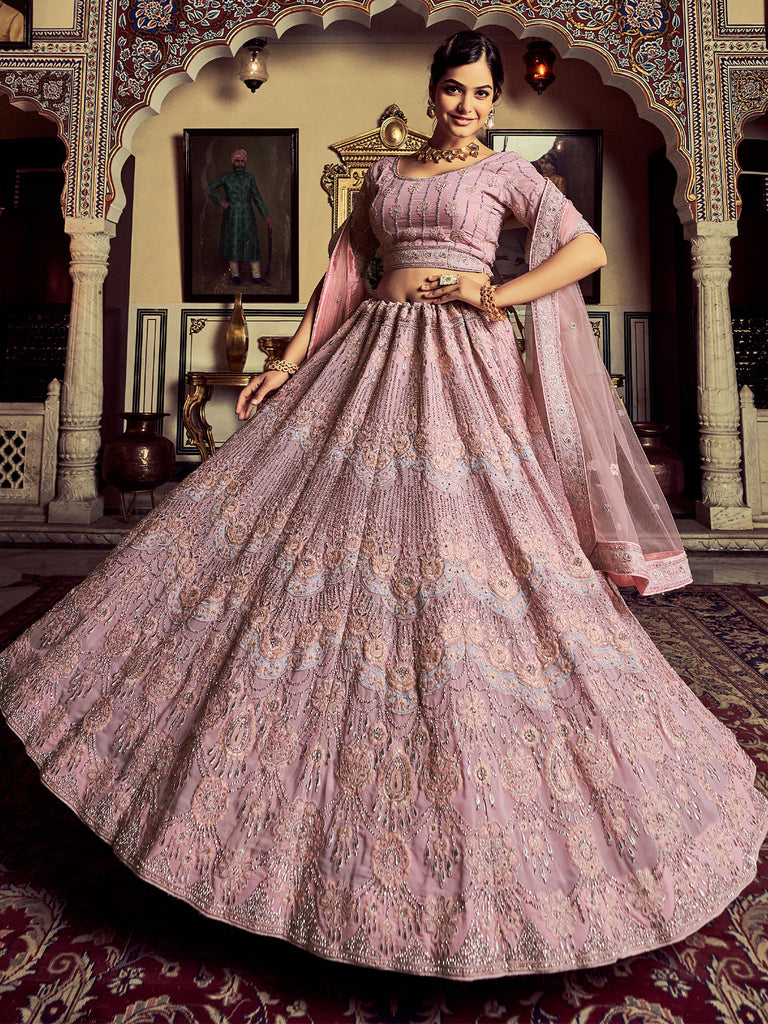 Designer Pink Georgette Embroidered Semi Stitched Lehenga With Unstitched Blouse Clothsvilla