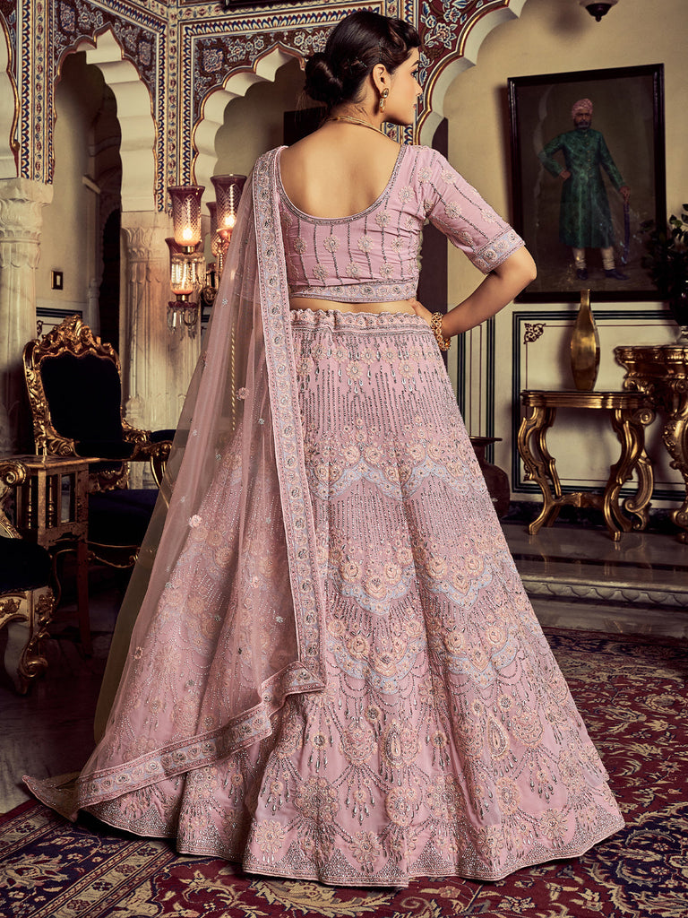 Designer Pink Georgette Embroidered Semi Stitched Lehenga With Unstitched Blouse Clothsvilla