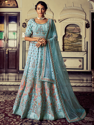 Attractive Blue Georgette Embroidered Semi Stitched Lehenga With Unstitched Blouse Clothsvilla