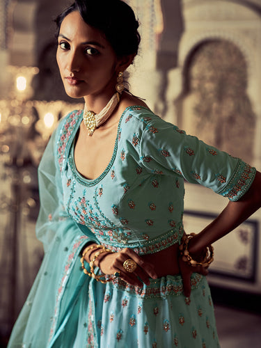 Attractive Blue Georgette Embroidered Semi Stitched Lehenga With Unstitched Blouse Clothsvilla