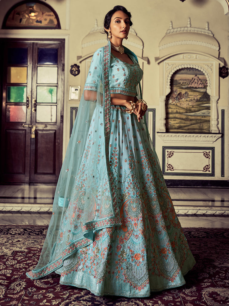 Attractive Blue Georgette Embroidered Semi Stitched Lehenga With Unstitched Blouse Clothsvilla