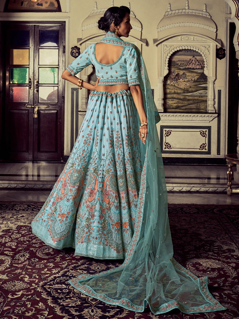 Attractive Blue Georgette Embroidered Semi Stitched Lehenga With Unstitched Blouse Clothsvilla