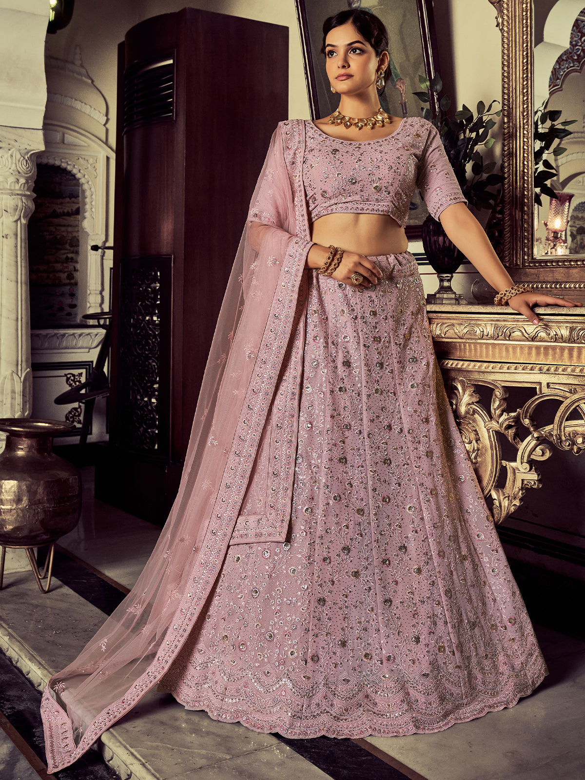 Stunning Mauve Georgette Embroidered Semi Stitched Lehenga With Unstitched Blouse Clothsvilla Main image