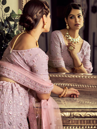 Stunning Mauve Georgette Embroidered Semi Stitched Lehenga With Unstitched Blouse Clothsvilla