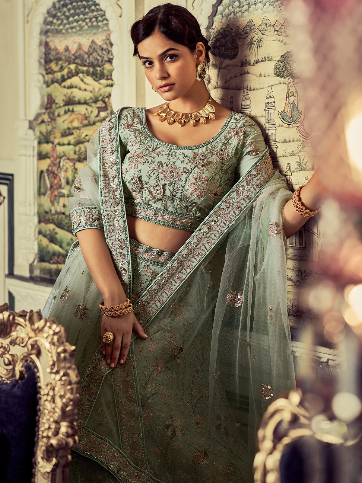 Classic Sea Green Georgette Embroidered Semi Stitched Lehenga With Unstitched Blouse Clothsvilla