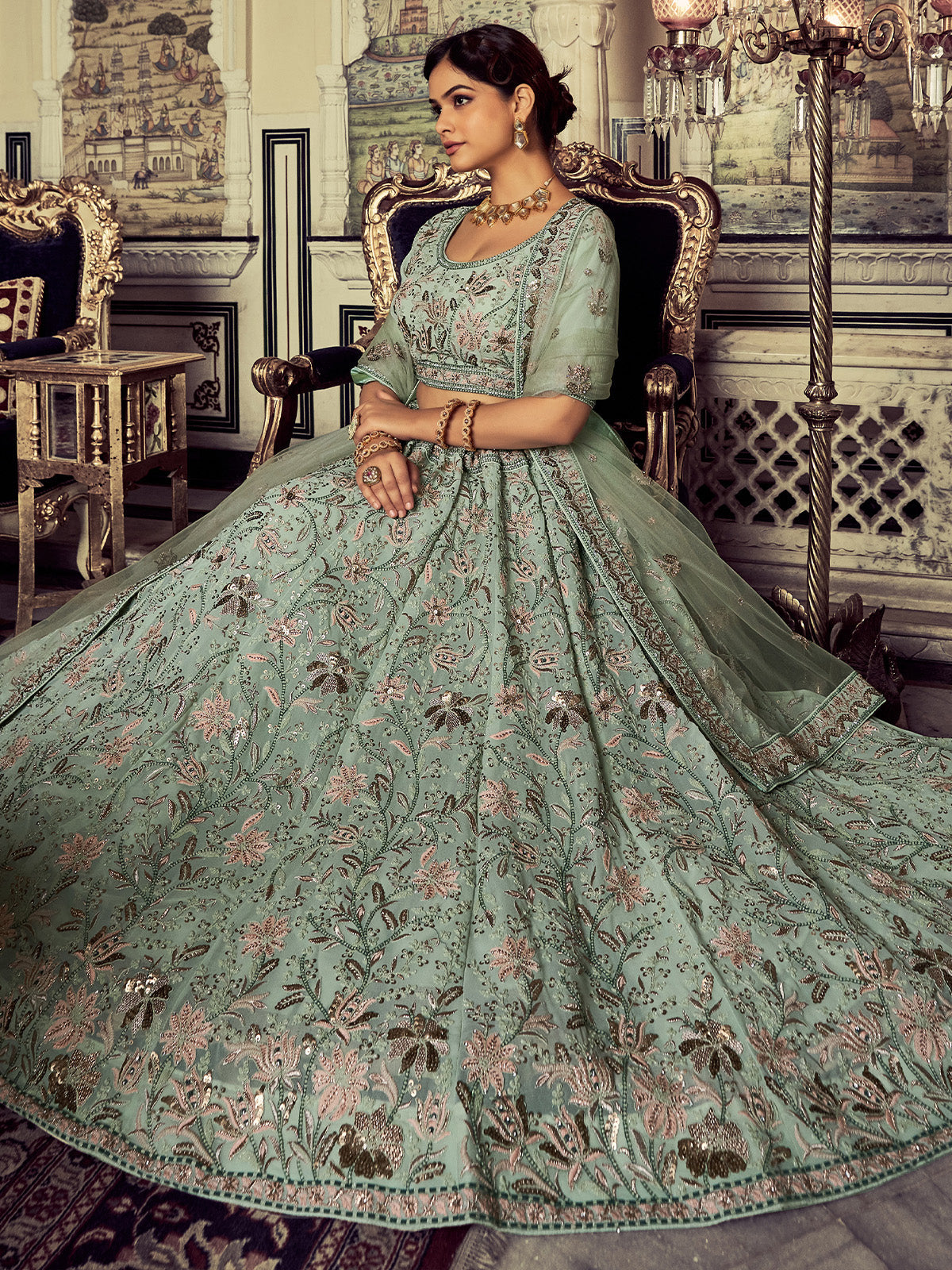 Classic Sea Green Georgette Embroidered Semi Stitched Lehenga With Unstitched Blouse Clothsvilla