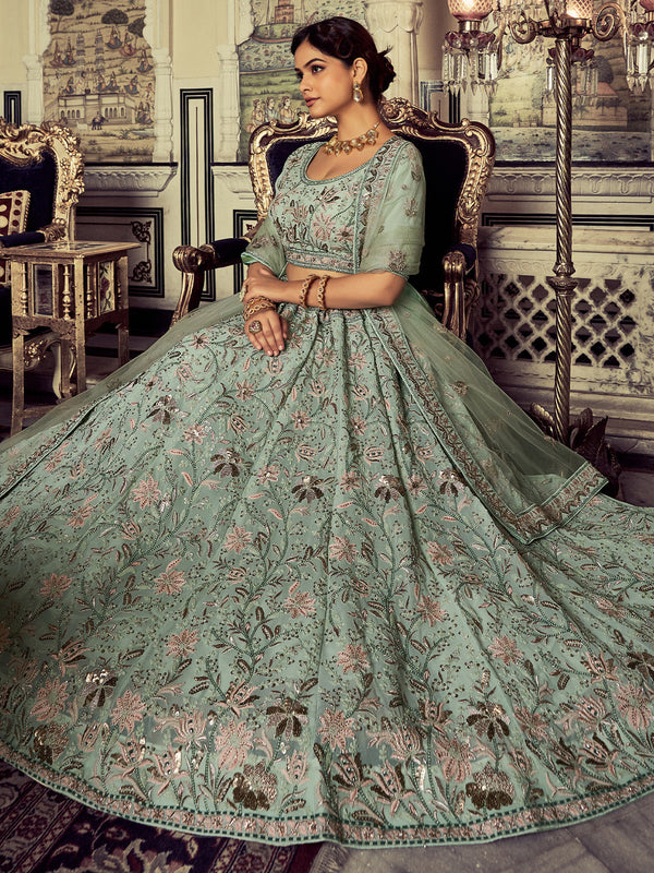 Classic Sea Green Georgette Embroidered Semi Stitched Lehenga With Unstitched Blouse Clothsvilla