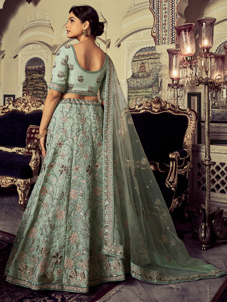 Classic Sea Green Georgette Embroidered Semi Stitched Lehenga With Unstitched Blouse Clothsvilla