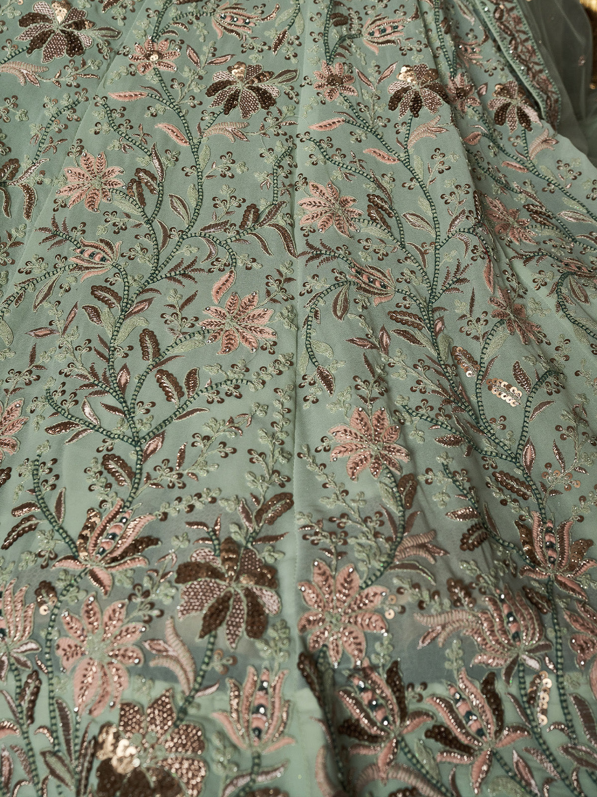 Classic Sea Green Georgette Embroidered Semi Stitched Lehenga With Unstitched Blouse Clothsvilla