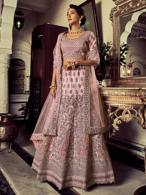 Stylish Pink Soft Net Embroidered Semi Stitched Lehenga With Unstitched Blouse Clothsvilla Main image
