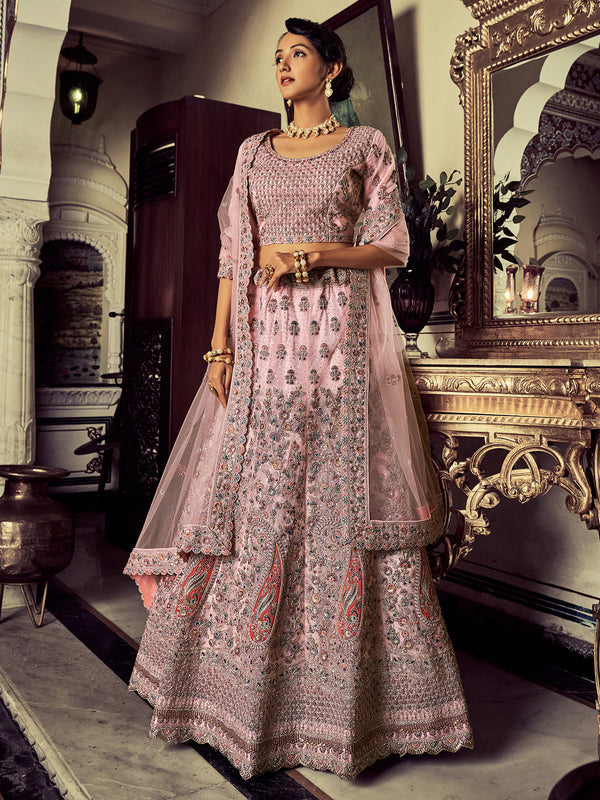 Stylish Pink Soft Net Embroidered Semi Stitched Lehenga With Unstitched Blouse Clothsvilla