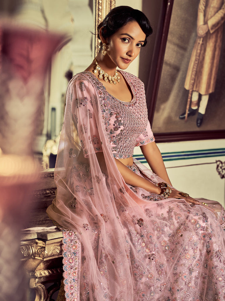 Stylish Pink Soft Net Embroidered Semi Stitched Lehenga With Unstitched Blouse Clothsvilla