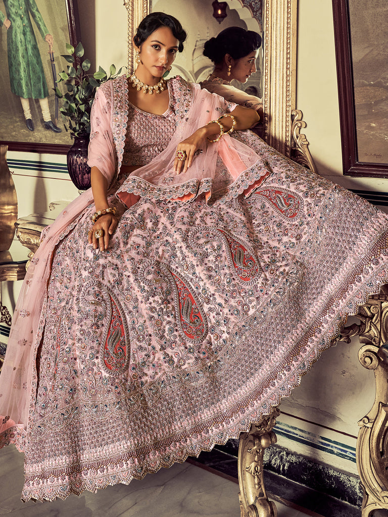 Stylish Pink Soft Net Embroidered Semi Stitched Lehenga With Unstitched Blouse Clothsvilla