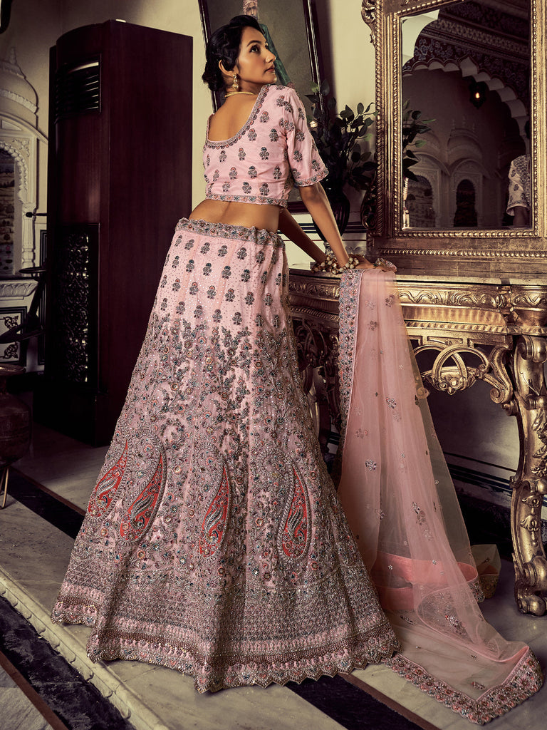 Stylish Pink Soft Net Embroidered Semi Stitched Lehenga With Unstitched Blouse Clothsvilla