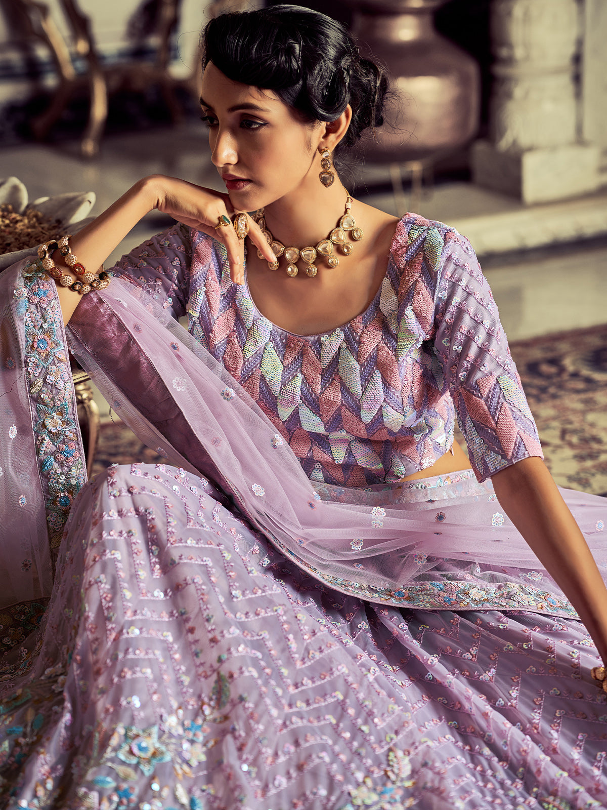 Modern Purple Georgette Embroidered Semi Stitched Lehenga With Unstitched Blouse Clothsvilla