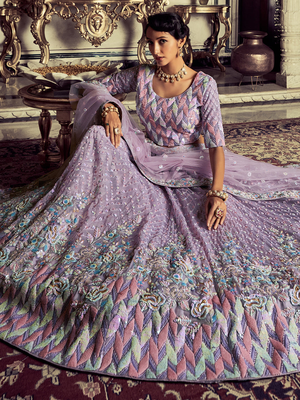 Modern Purple Georgette Embroidered Semi Stitched Lehenga With Unstitched Blouse Clothsvilla