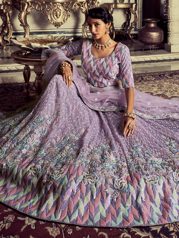 Modern Purple Georgette Embroidered Semi Stitched Lehenga With Unstitched Blouse Clothsvilla