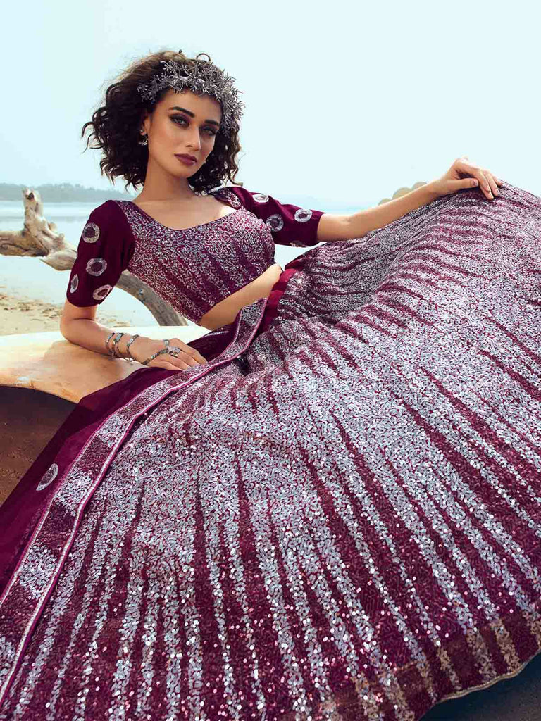 Designer Purple Soft Net Semi Stitched Lehenga With  Unstitched Blouse Clothsvilla