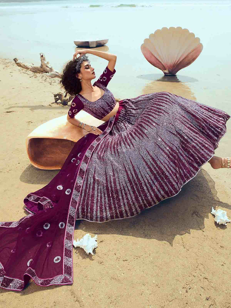 Designer Purple Soft Net Semi Stitched Lehenga With  Unstitched Blouse Clothsvilla