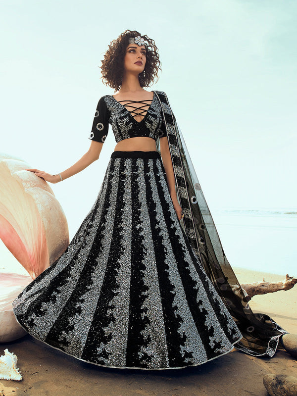 Desingner Black Sequins Semi Stitched Lehenga With  Unstitched Blouse Clothsvilla