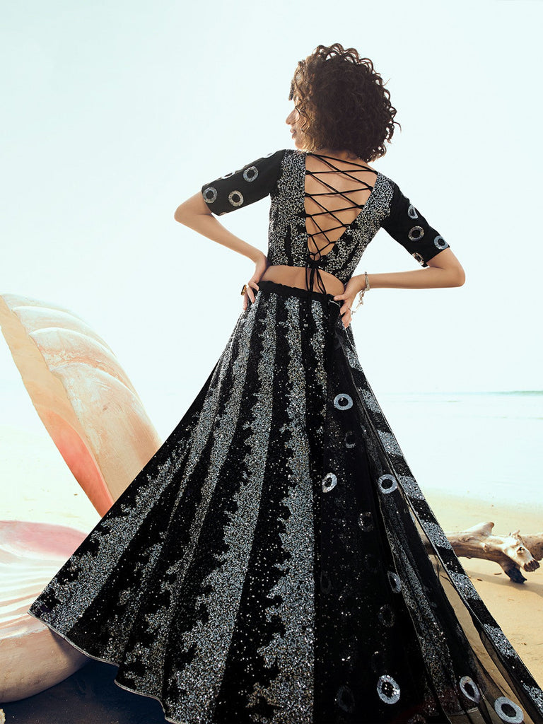 Desingner Black Sequins Semi Stitched Lehenga With  Unstitched Blouse Clothsvilla