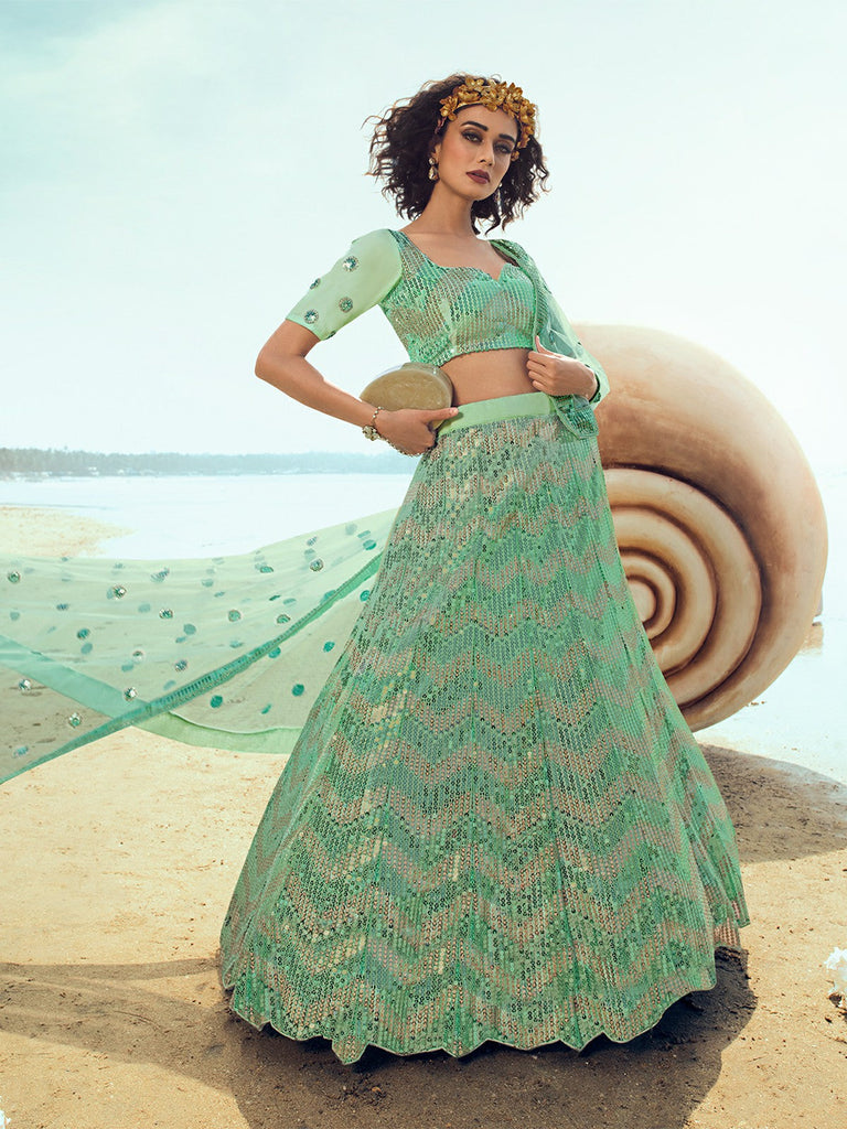 Green Elegant Semi Stitched Lehenga With  Unstitched Blouse Clothsvilla