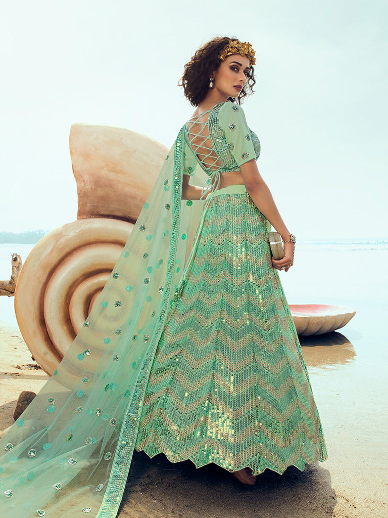 Green Elegant Semi Stitched Lehenga With  Unstitched Blouse Clothsvilla