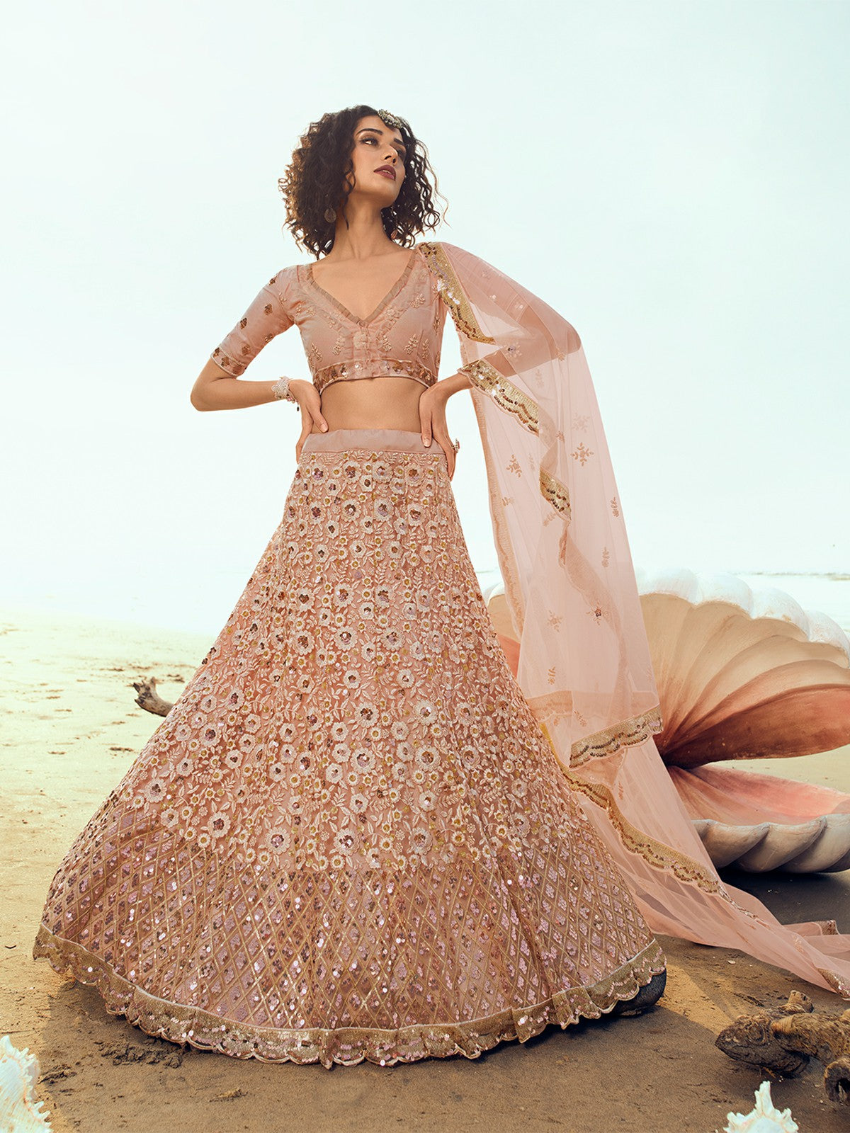 Peach Classy Semi Stitched Lehenga With  Unstitched Blouse Clothsvilla