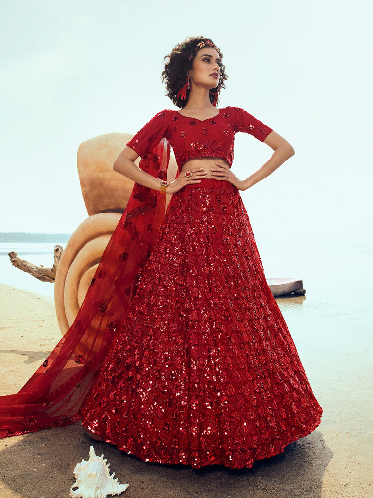 Red Soft Net Sequins Semi Stitched Lehenga With  Unstitched Blouse Clothsvilla